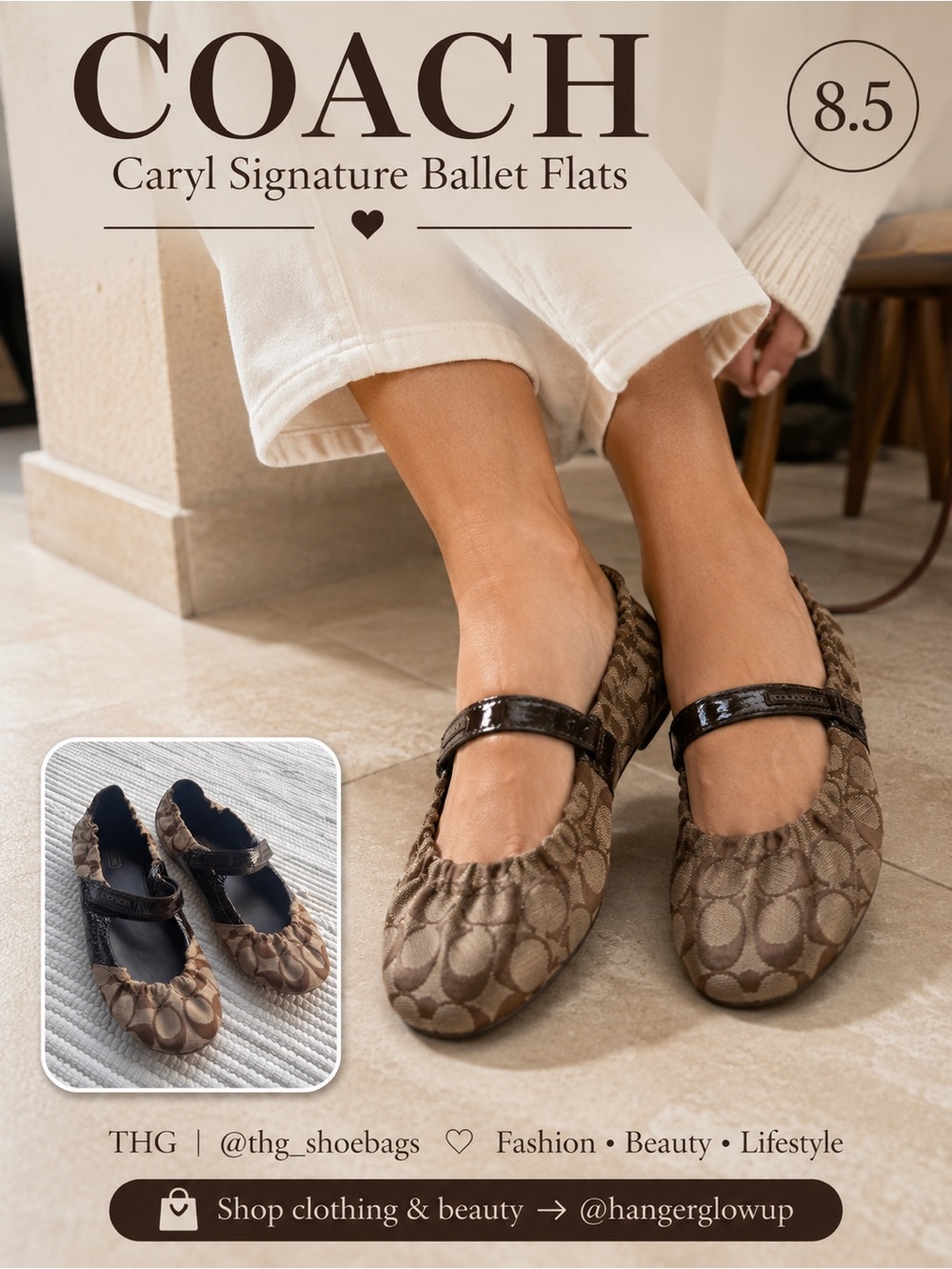 Coach Caryl Signature Ballet Flats Brown Monogram Patent Trim Sz 8.5B